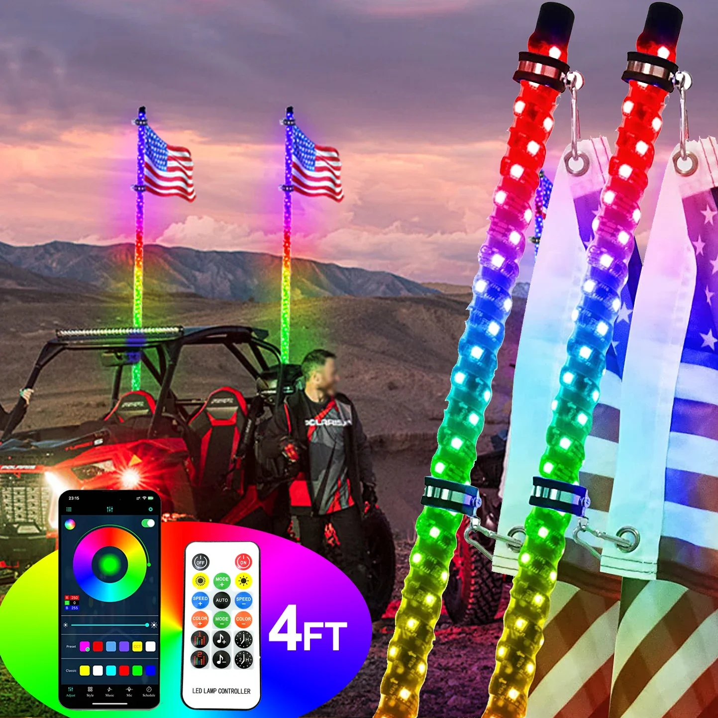 4ft LED Whip Lights with Bluetooth Remote Control Spiral RGB Chase Lamp Offroad 360°Spiraling Rising Dream Wrapped Dancing Whips
