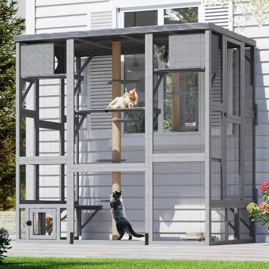 

Large Wall-Mounted Outdoor Cat Enclosure with Multi-Level Platform Cats House Scratching Post and Waterproof Cover for Multiple