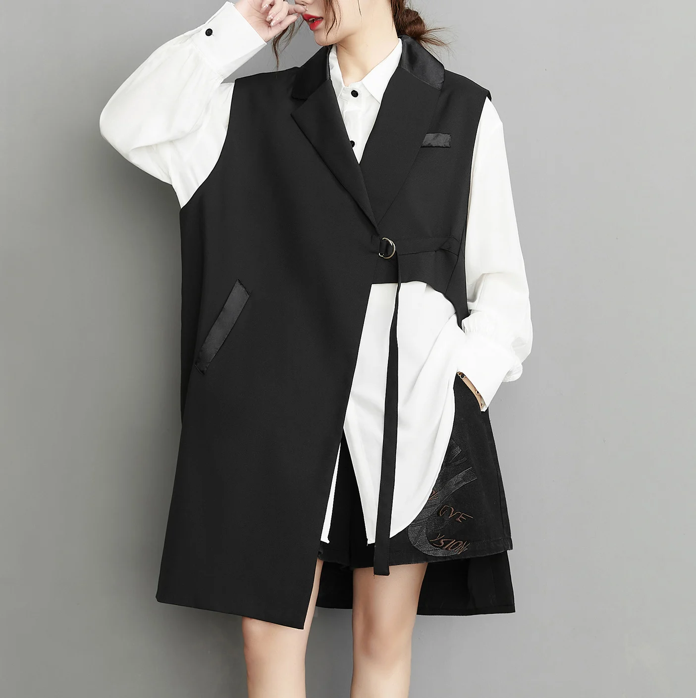 

Костюм Жилет Необычная верхняя одежда Женская модная одежда для поездок на работу Смесь хлопка Чистый цвет на пуговицах Длина миди