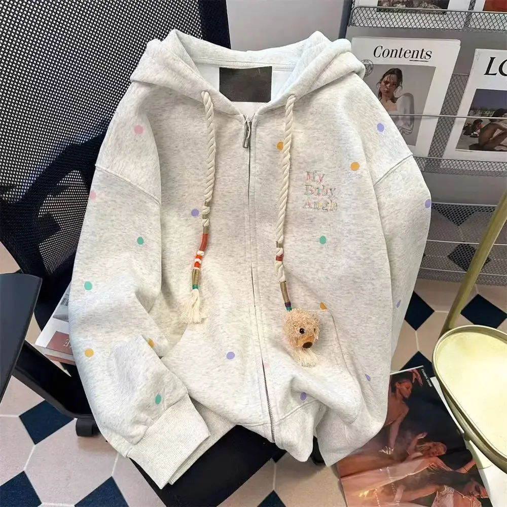 Pull à capuche aviation à pois pour femme, cardigan décontracté Joker, manteau ample, design rétro américain, couleur, automne et hiver