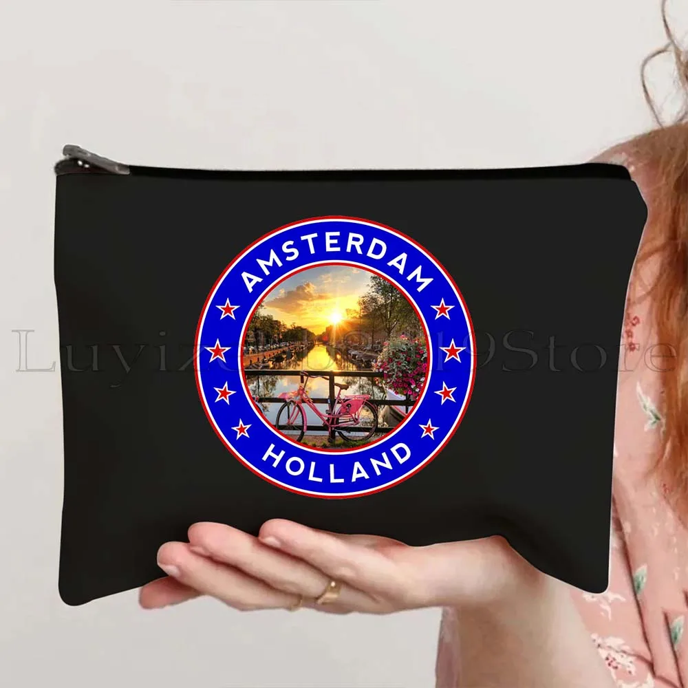 Amsterdam Landmark Skyline Emblem Bandera holandesa de Países Bajos Mapa Regalos de viaje Bolsa de maquillaje cosmético de lona Estuche para lápices Bolsa con cremallera