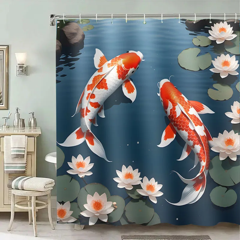 Koi Fish Shower Curtain, 3D Lotus Pond Decor, Japanese Style Waterproof Polyester Bath Screen, Zen Garden Home Accessories