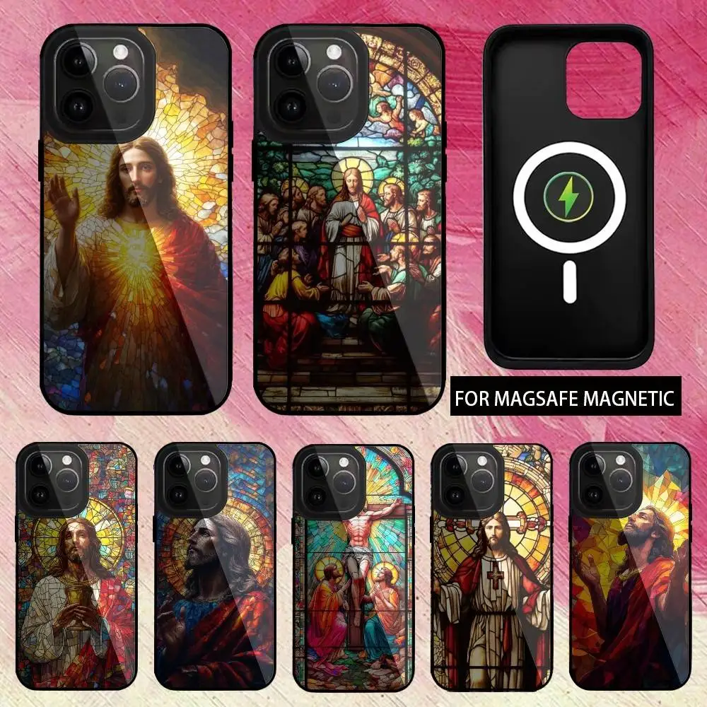 

Classic S-Stained G-Glass Jesus Phone Case For iPhone17,16,15,14,13,12,11 Plus,Pro Max Magnetic For Magsafe Wireless Charging