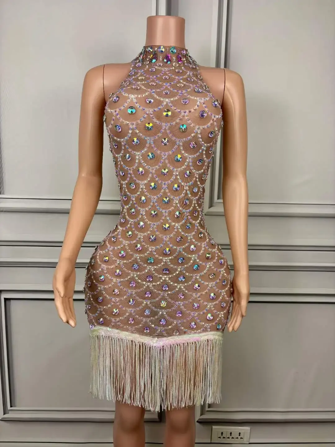Disfraz brillante de Drag Queen, vestido con flecos de cumpleaños para mujer, cristales, actuación nocturna en Club, ropa elástica para escenario de celebridades