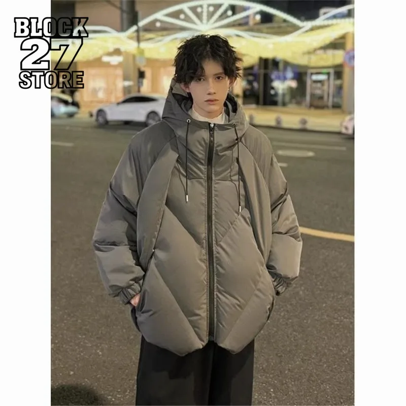 

Harajuku Мужская зимняя толстая хлопковая куртка с капюшоном, свободное теплое стеганое пальто, ретро-деконструированный стиль, повседневная уличная одежда для холодной погоды