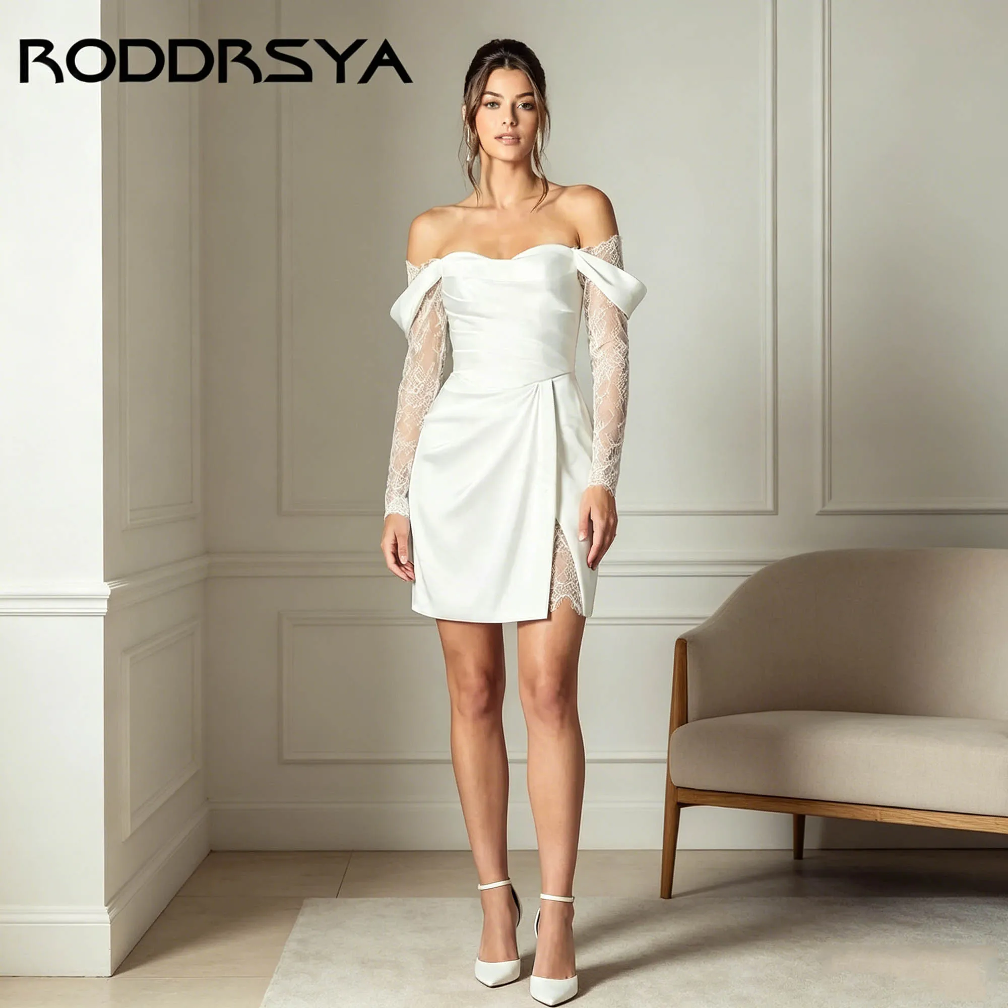 RODDRSYA Off The Shoulder Satin Lace Wedding Dress Bridal Mini Backless Sweetheart Neck Gowns for Elopement Simplism Customized