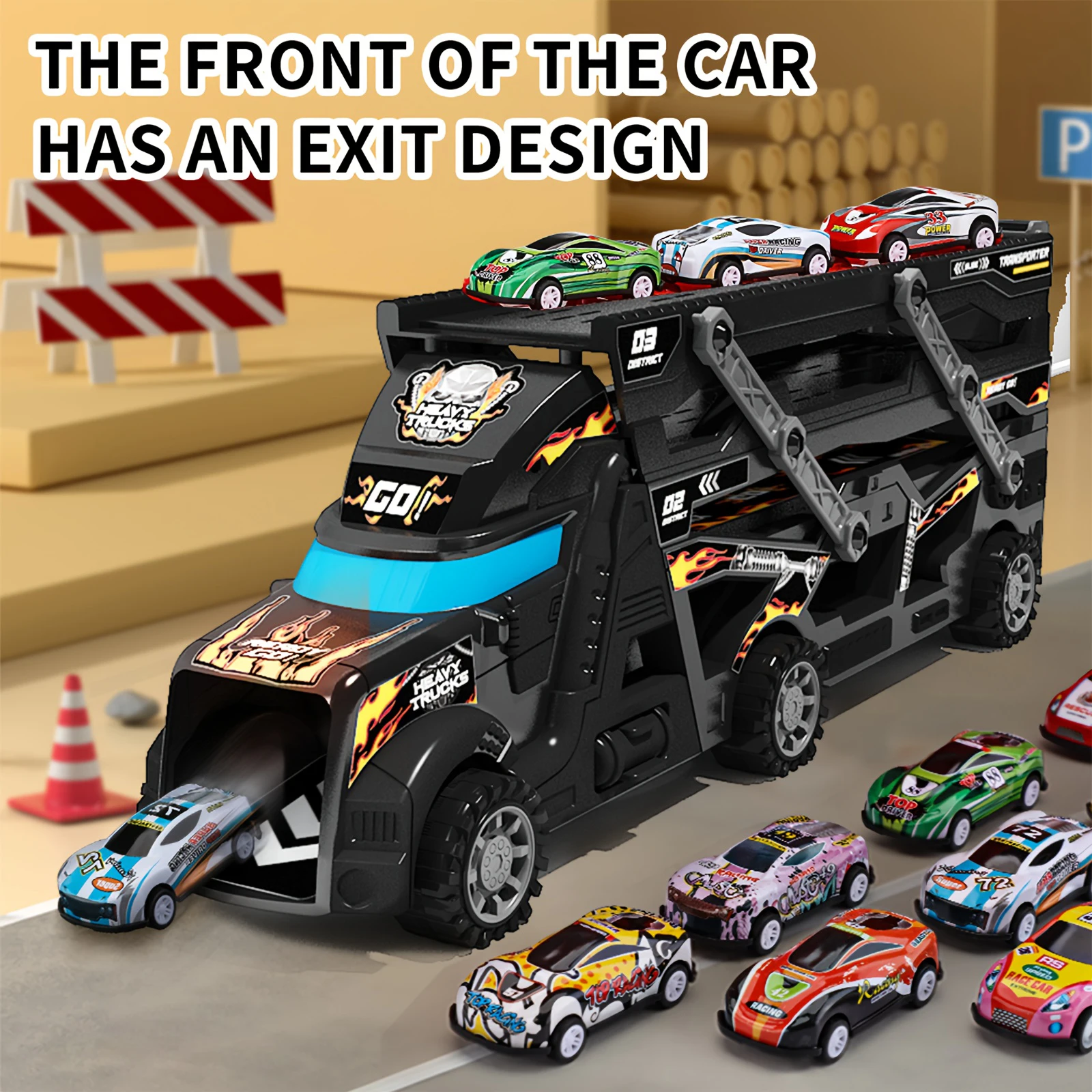 

Transforming truck toys and launcher tracks, police-themed, foldable storage, randomly shipped mini cars, interactive party game