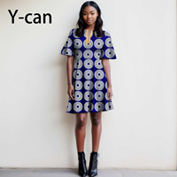 African Dresses for Women V-neck Print Vestidos Knee Length Bazin Riche Lady Causal Party Nigeria Outfits Dashiki Print Y2325094