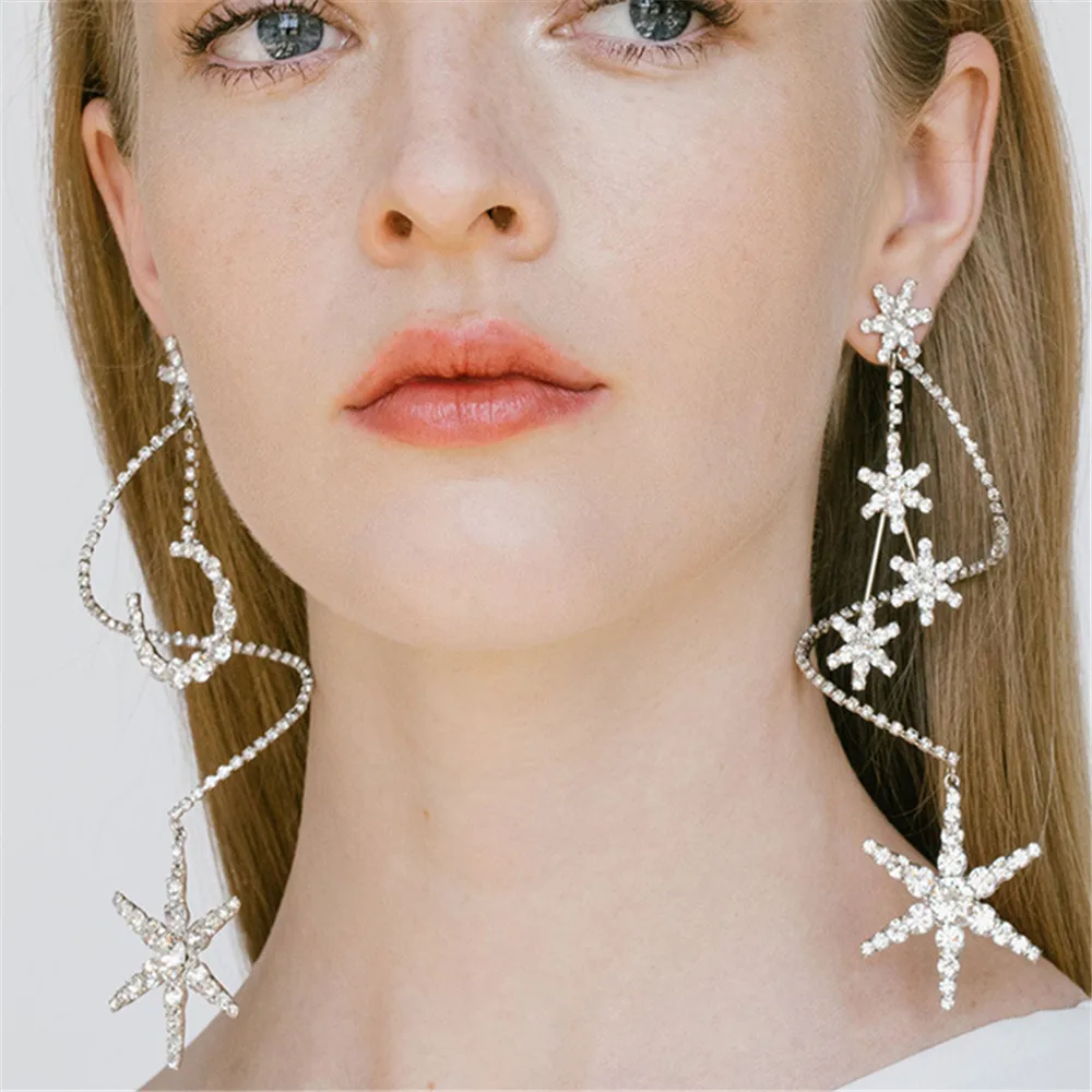 Exaggerated Rhinestone Large Star Oversizerd Drop Earrings Charm Jewelry for Women Crystal Irregular Curvy Long Dangle Earrings