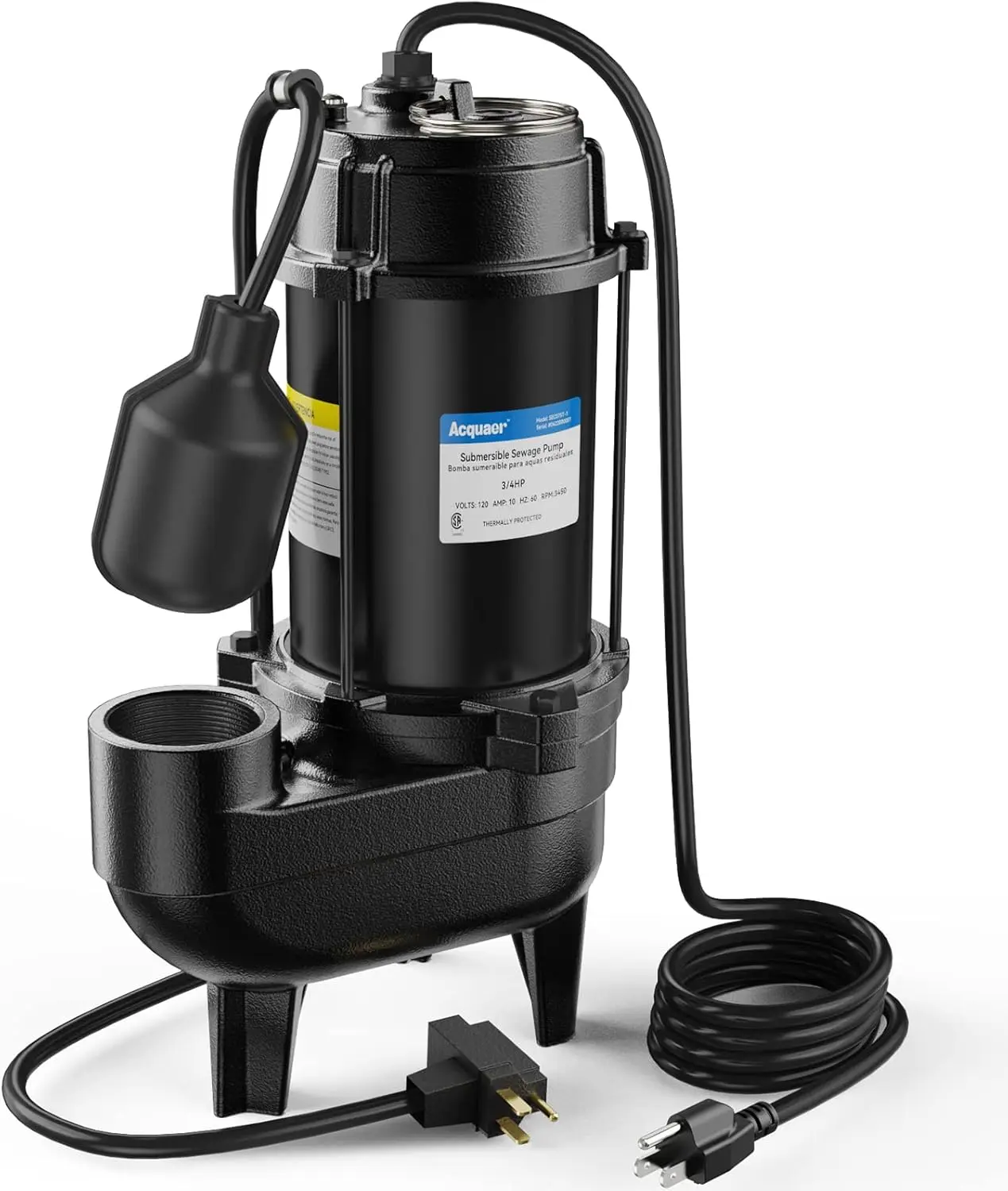 Acquaer 3/4HP Submersible Sewage/Effluent Pump, Cast Iron, 115V 6400 GPH Automatic Tethered Float Switch, Sump Pump for Sump Bas