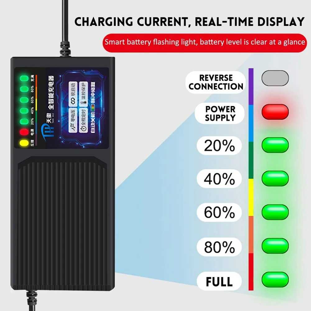 Cargador de vehículo eléctrico de 48V 20AH con pantalla de 7 luces, protección contra fugas de corriente, cargador de plomo y ácido