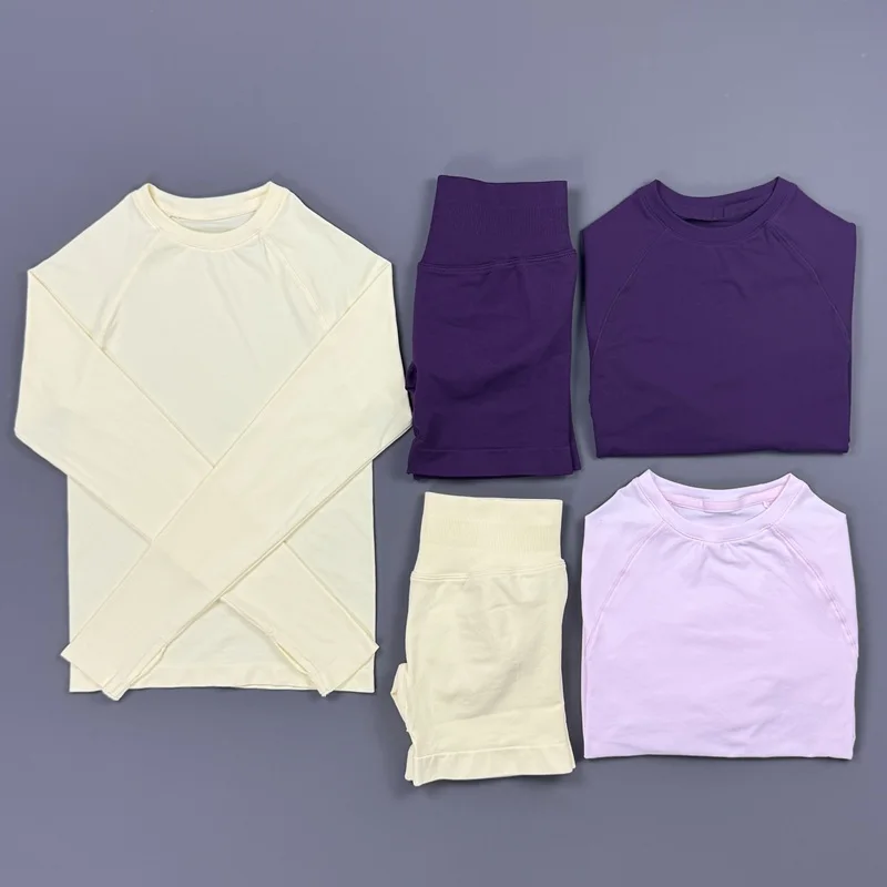 2 Pieces Gym Set Women Raglan Long Sleeve Top Scrunch Butt Biker Shorts Seamless Hip Lifting Soft Stretchy Yoga Workout Outfit