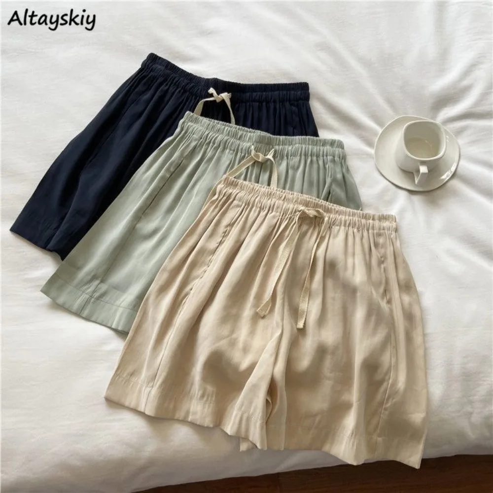 

Summer Shorts Women Drawstring Loose Pure Chic Thin Breathable Soft High Waist Simple Students Harajuku Popular