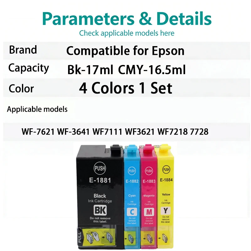 1-5 Sets T1881-1884 Ink Cartridge Compatible for Epson WF-7621 WF-3641 WF7111 WF3621 WF7218 7728
