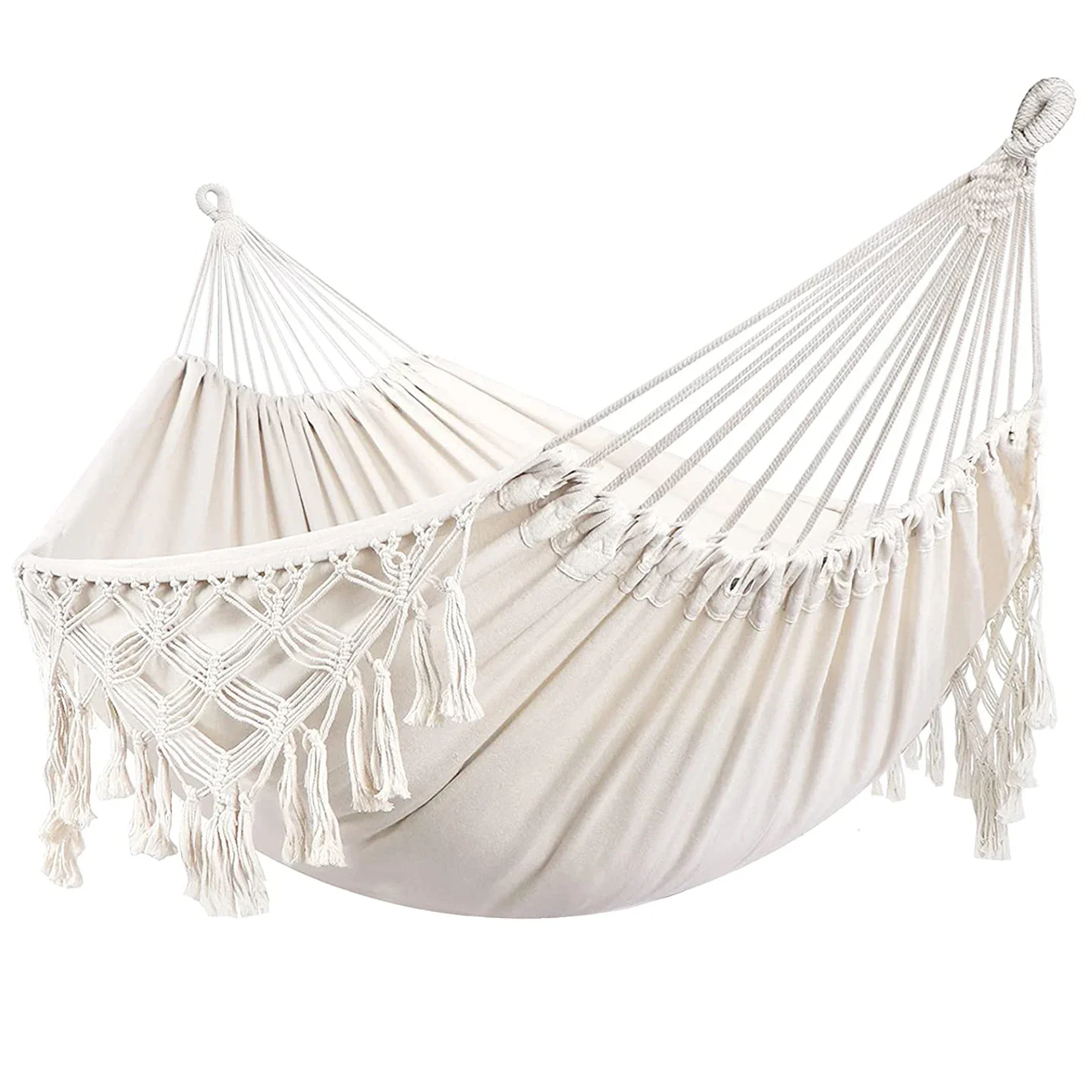Macrame Double Hammock Bohemian Woven Fringe Tassels Canvas Large Hanging Swing Bed Chair for Beach Yard Bedroom Patio Porch