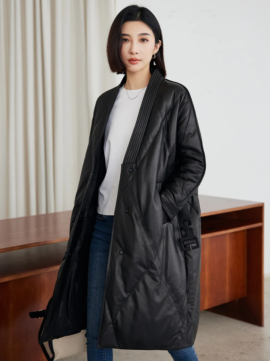 

Fluffy Long Genuine Leather Winter Down Jackets for Women Simple V-neck Soft Black Real Sheepskin White Duck Down Coat with Belt