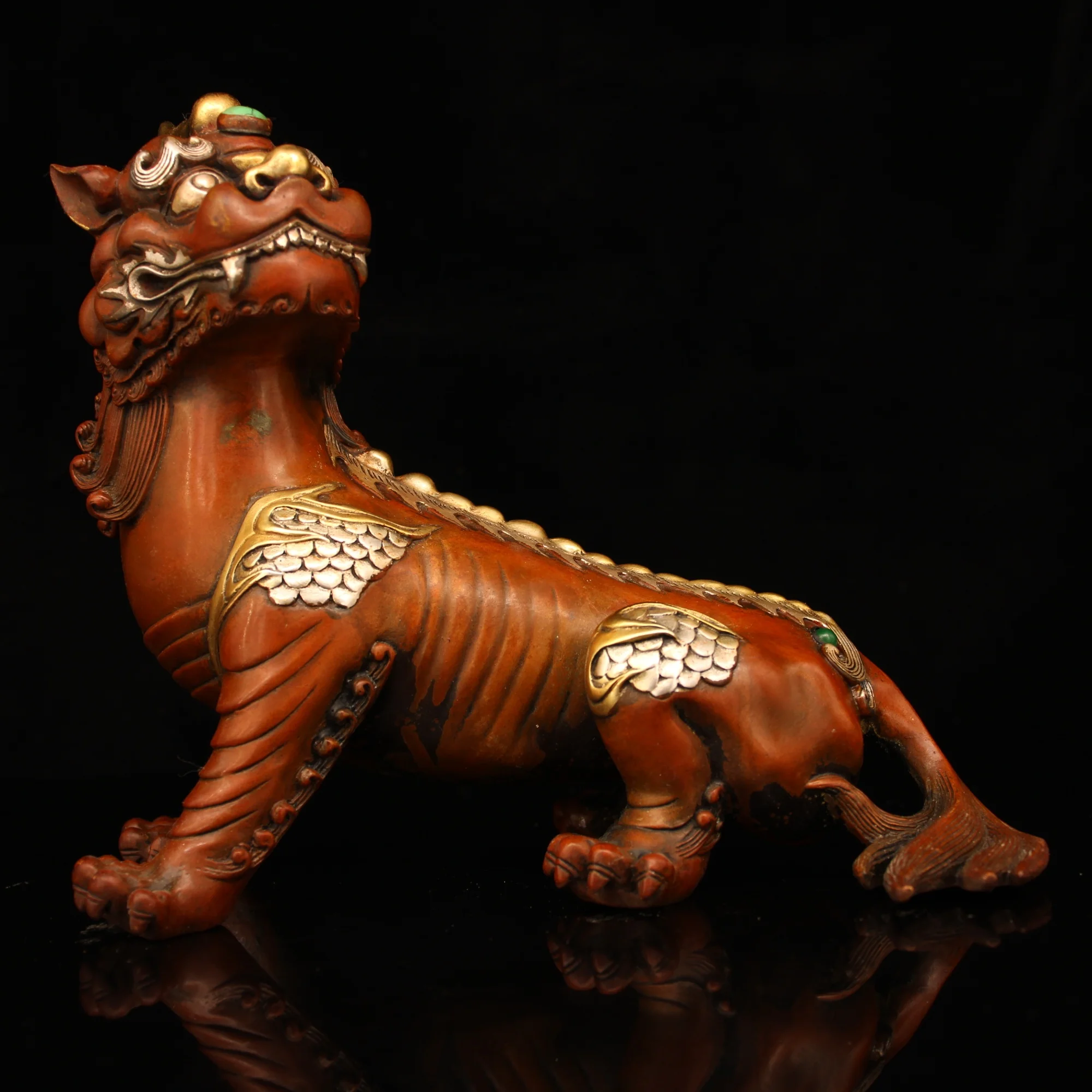 

9"Tibetan Temple Collection Old Purple Bronze Gilded True Gold Silver Kirin Unicorn Amass wealth Ornaments Town House Exorcism