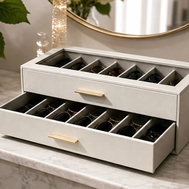 2-stufige Sonnenbrillen-Aufbewahrungsbox mit transparentem Deckel und weichem, samtigem Futter, Metallgriff, für 12 Paar B03E