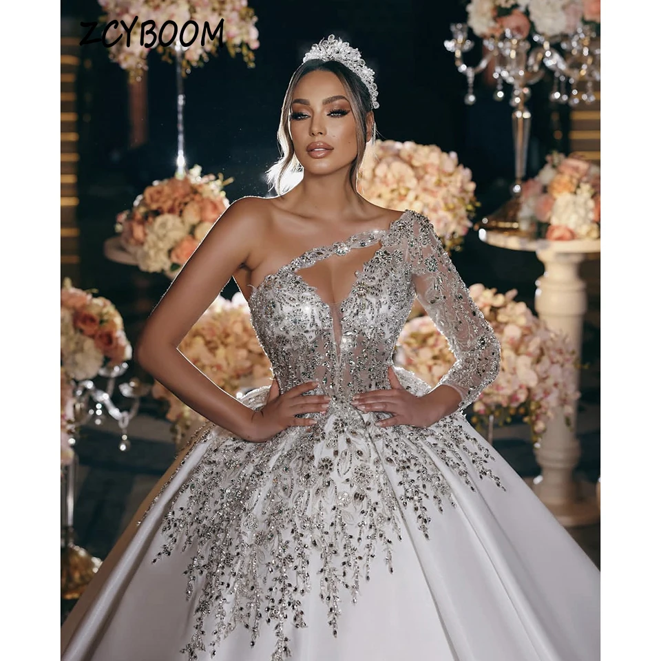 Customized Sequin Appliques One-Shoulder Sleeves Wedding Dress 2024 Ball Gown Floor Length Sweep Train Stain Zipper Bridal Gown