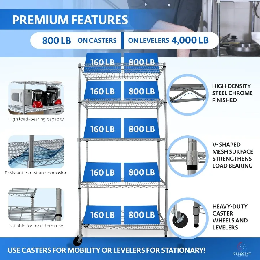 4000 LBS Heavy Duty Metal Shelving Unit 36x18x76 NSF 5-Tier Wire Rack with Wheels Adjustable Garage Storage Shelves Chrome Wire