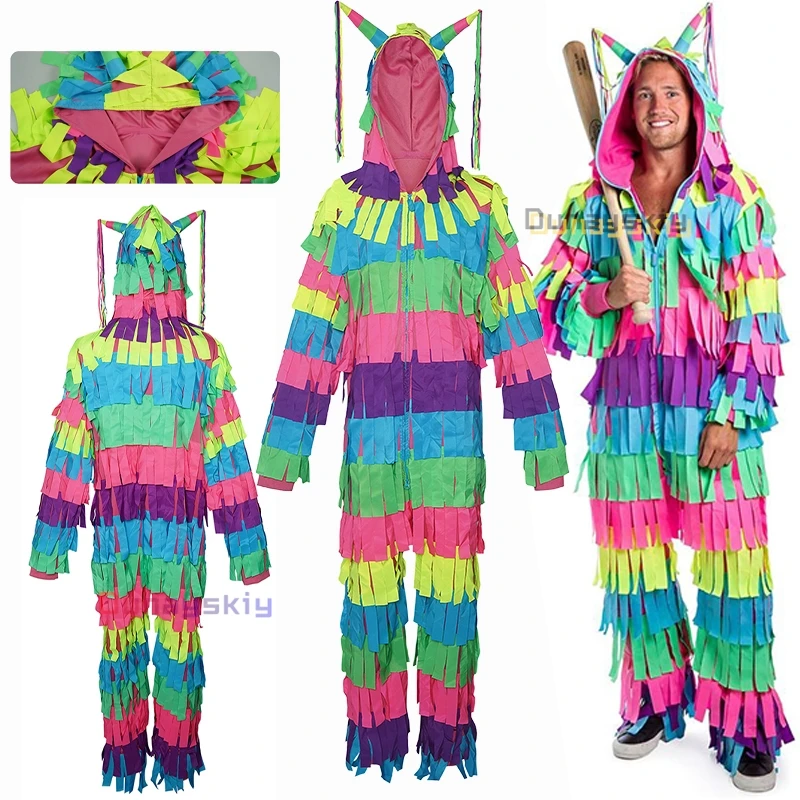 Paper Pinata Costume For 2025 Halloween Cospaly Costumes Fancy Dress Colorful Hooded Jumpsuit Unisex Outfit Suit