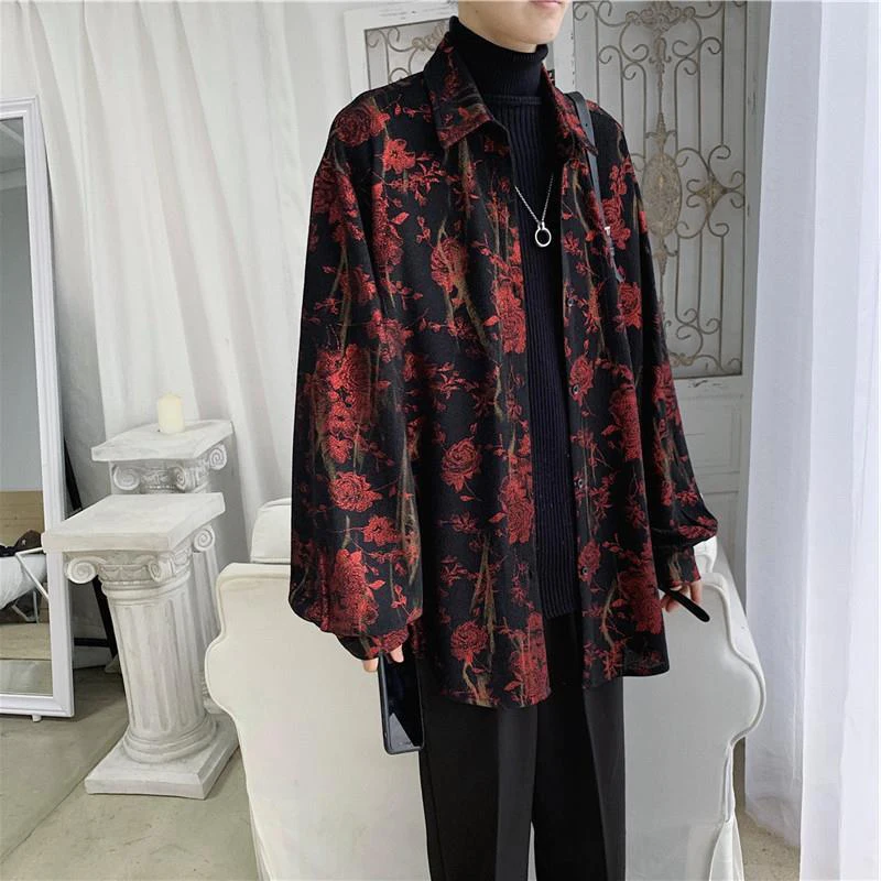 MEXZT Retro Chiffon Shirts Women Rose Floral Printed Long Sleeve Blouse Vintage Elegant Top Harajuku Loose Casual Oversized Coat