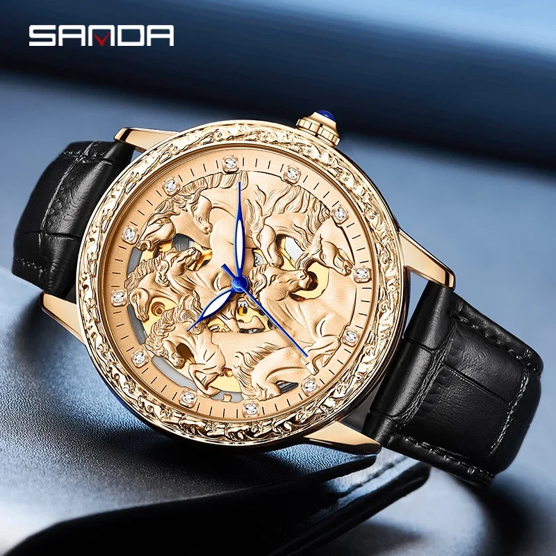 Fashion Sanda Top Brand Casual Men Rose Gold Leather Strap Watches Mechanical For Luxury Wrist Watches Personality Clock Reloj