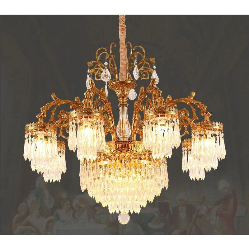 French retro all-copper crystal chandelier, European-style villa duplex building with high height, large living room