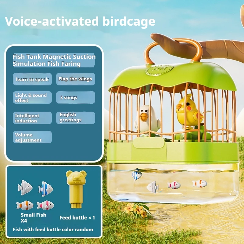 Interactive Induction Bird Parrot Cage Toy Voice Control Musical Light Sound Effect Simulation Fish Tank Aquarium Speaking Pet