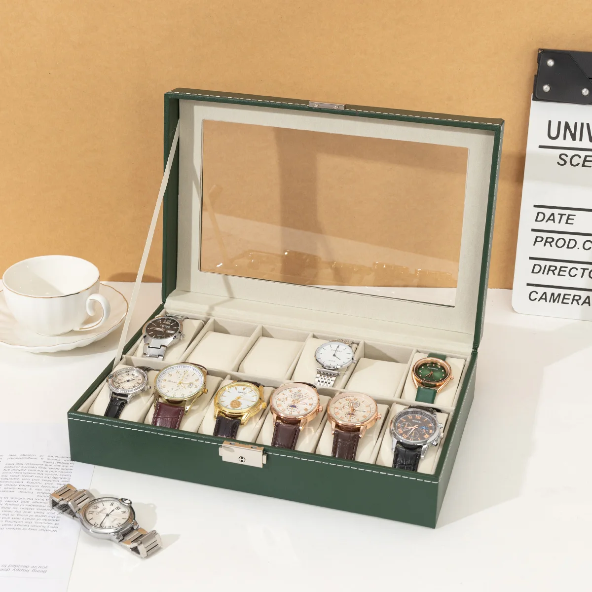 

Luxurious 12-Slot Imitation Leather Watch Strap Watch and Bracelet Storage Box Safety Locking Mechanical Display Cabinet Suitable for Watch Jewelry and Accessories