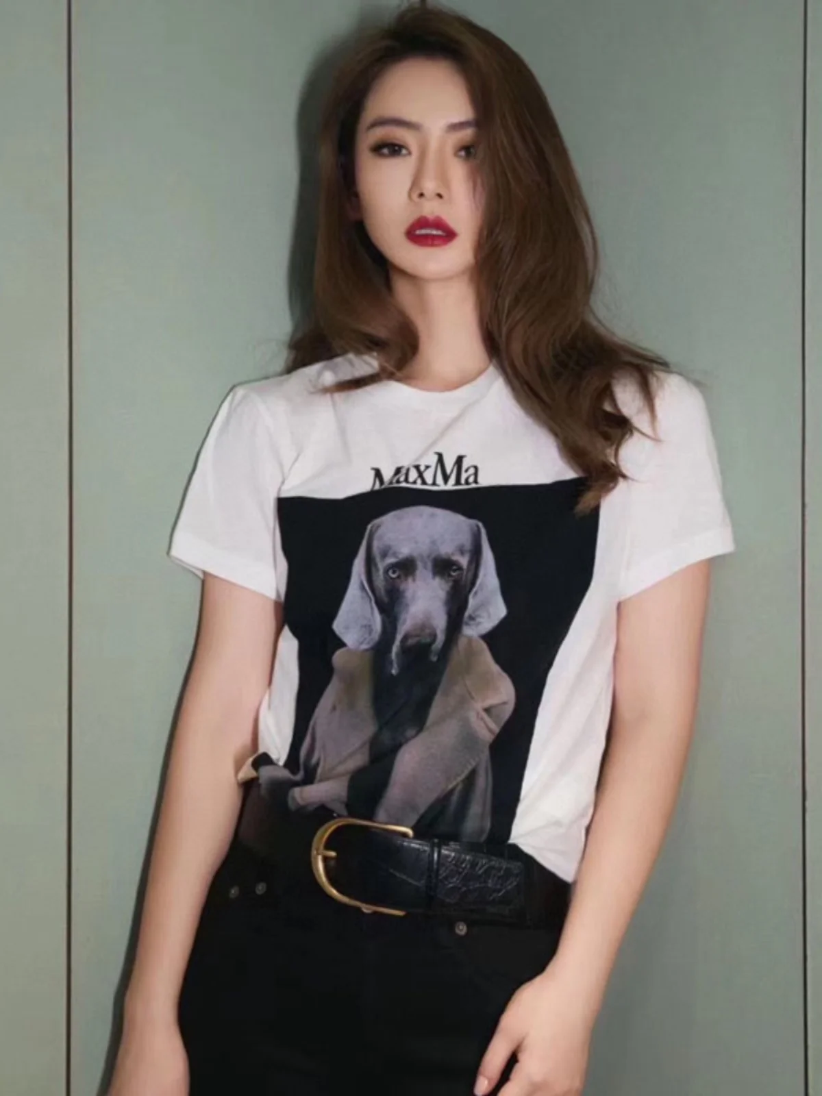 

Summer 2024 Trendy Street Sle Patchwork round Ne Loose Fit Cotton Women's ort Sve T-irt White Dog Print Casual Top