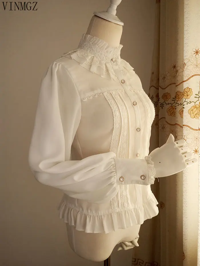New dress retro lolita stand-up collar lamb leg sleeves long-sleeved chiffon lace princess versatile shirt