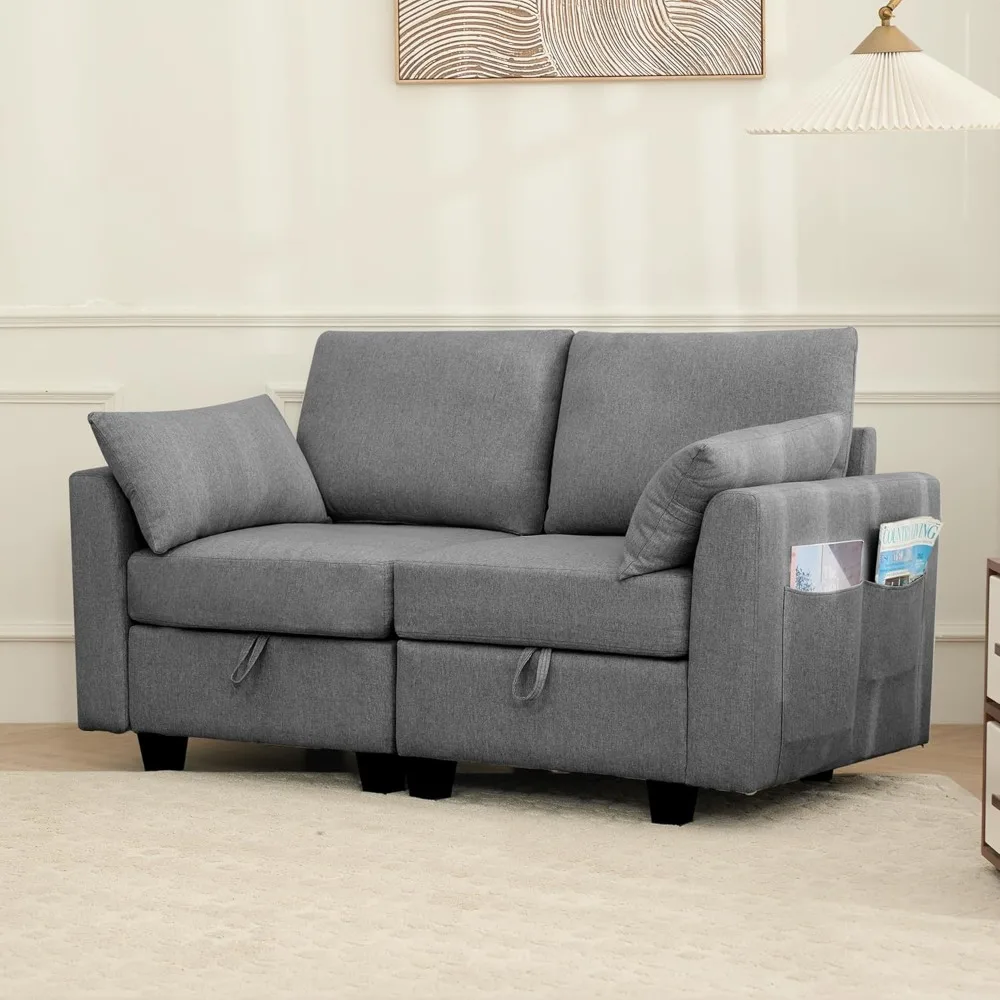 Convertible Sectional Sofa Couch, Linen Fabric Modular Sofa with Storage Space for Small Apartments, Living Room