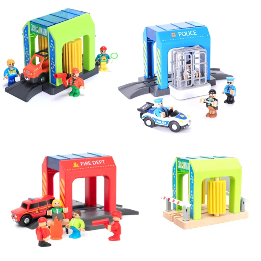 

Set Plastic Police Station Car Wash Room City Scene Building Block Set Compatible Wooden Train Track Toys Children's Toys