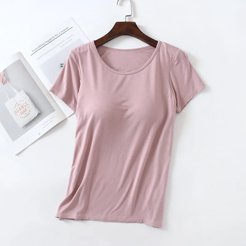 Women\'s T-Shirts Short Sleeve With Padded Wireless Bust Base Layer Tops Round Neck Sleep Tops Cotton Female Blouse Outwear