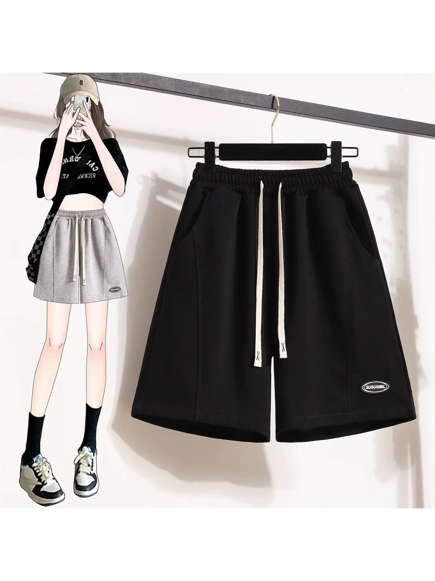 High Waist Wide Leg Short Pants Women's Casual Loose Fit Summer Sportswear Outerwear Five-Quarter Length for Couples Students