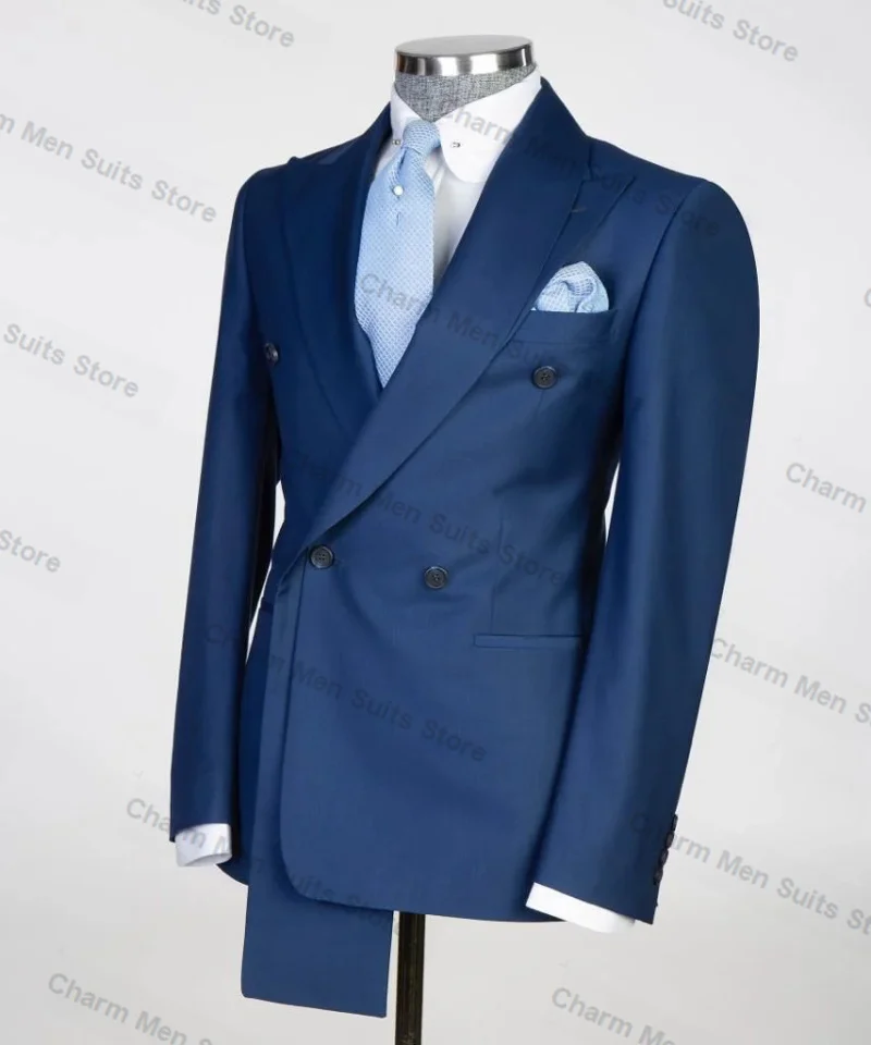 Traje de negocios azul para hombre, conjunto de 2 piezas, Blazer + Pantalones, esmoquin de boda, chaqueta Formal de algodón para novio, oficina, graduación, abrigo de negocios