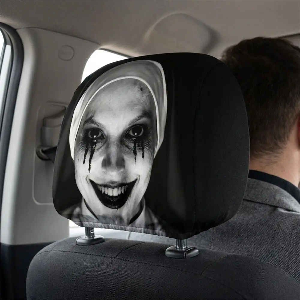2Pcs Elastic Halloween Car Headrest Covers Soft Comfortable Scary Nun Skull Spooky Face Auto Headrest Sleeve Dark Pumpkin