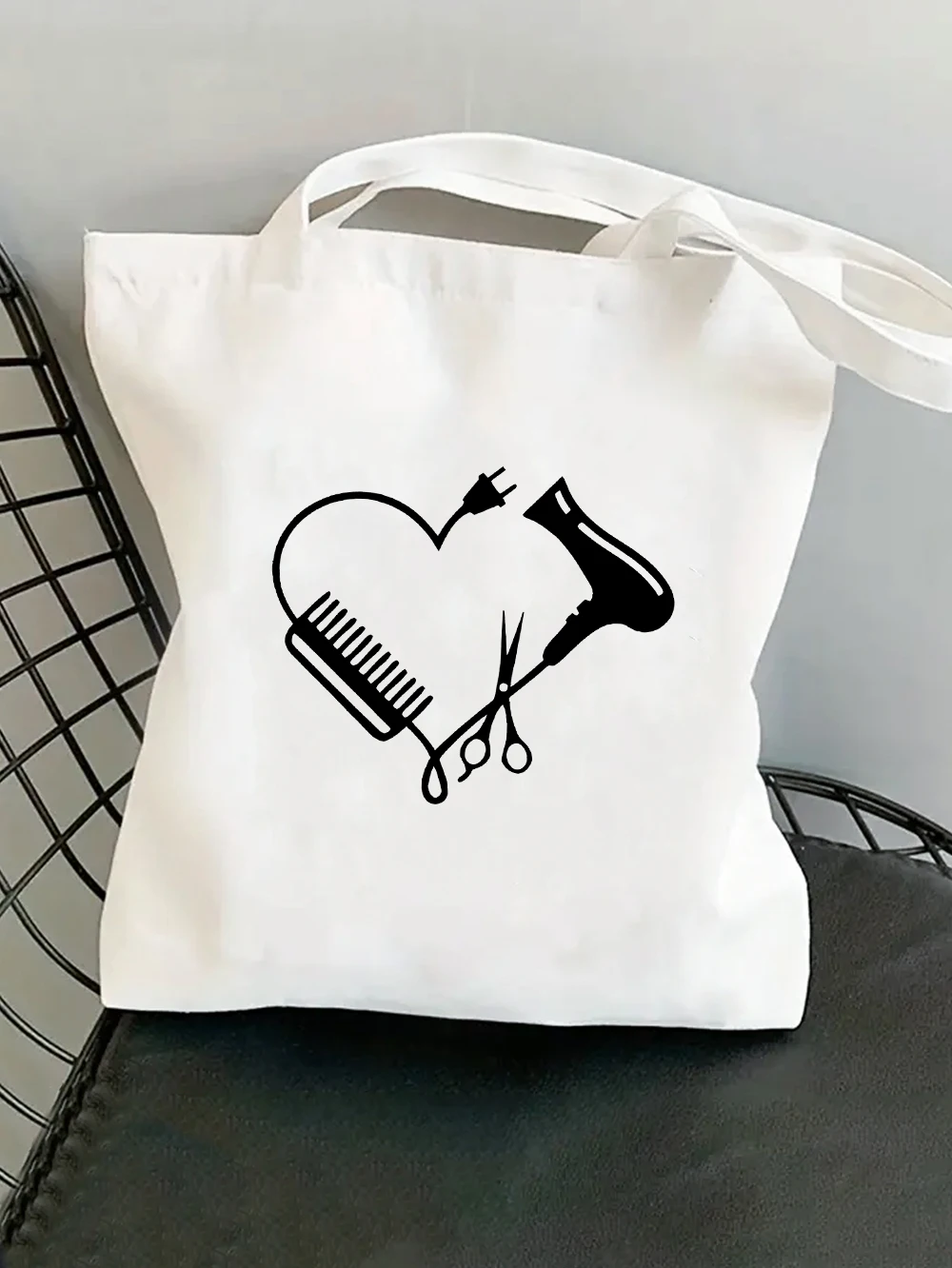 Hairstylist Heart Tools Canvas Tote Bag Hair Dryer Scissors Comb  Art Print Reusable Shoulder Bag Hair Salon Shopping Handbag