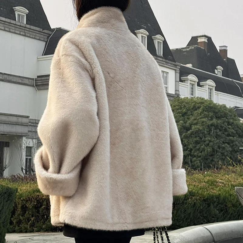 Hksh inverno novas mulheres casaco de pele do falso gola bolsos coreano high-end luxo elegante versátil casual ins jaqueta quente hk17527