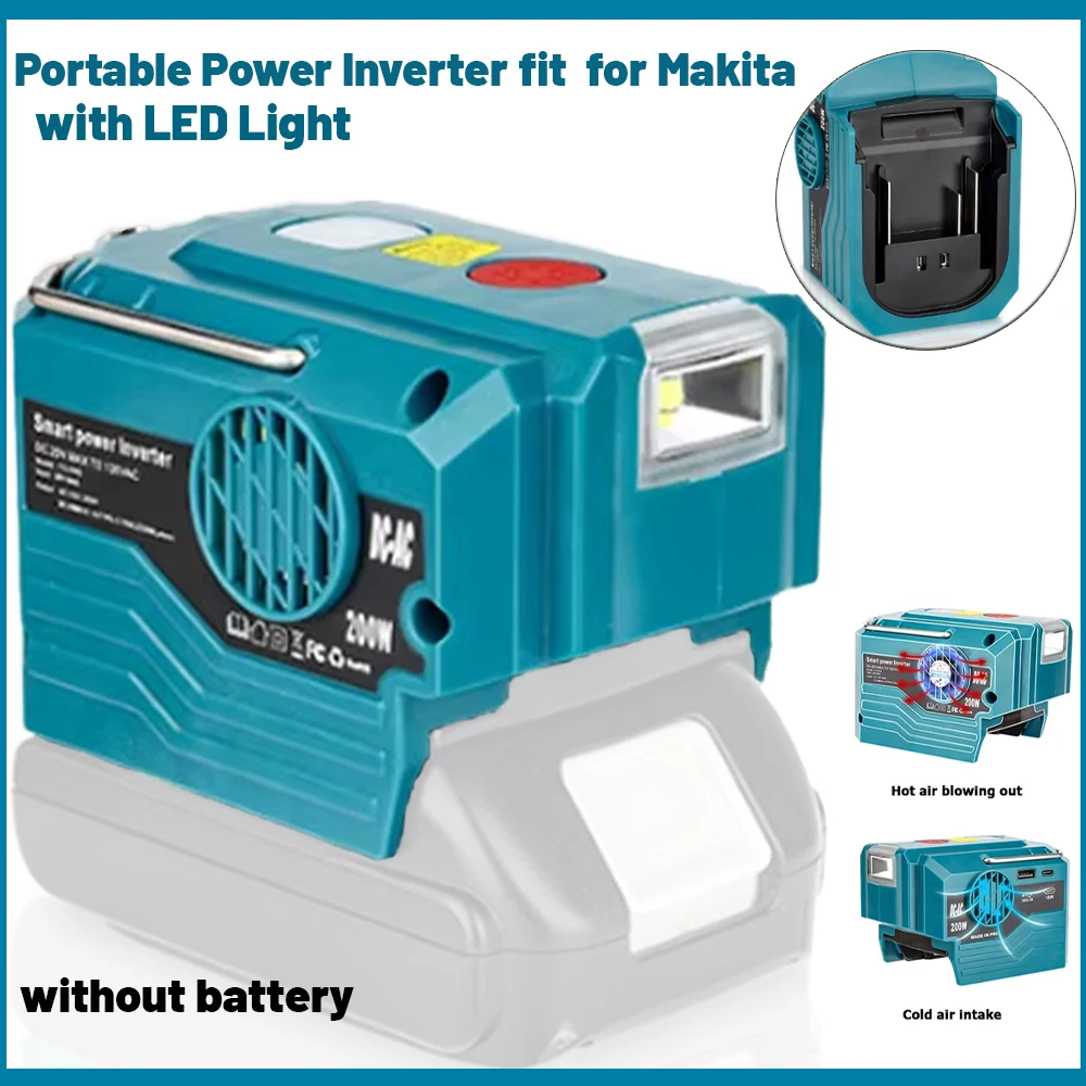 Портативный инвертор мощности 220 В, уличный мобильный инвертор литиевой батареи со светодиодной подсветкой для литий-ионной батареи Makita 18 В