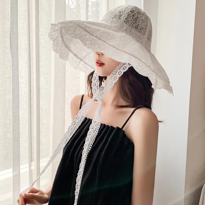 2023 New Fashion Women Summer Hat Ladies Solid Lace Wide Brim Sun Hat Bucket Cap Female Elegant Packable Panama Beach Hat