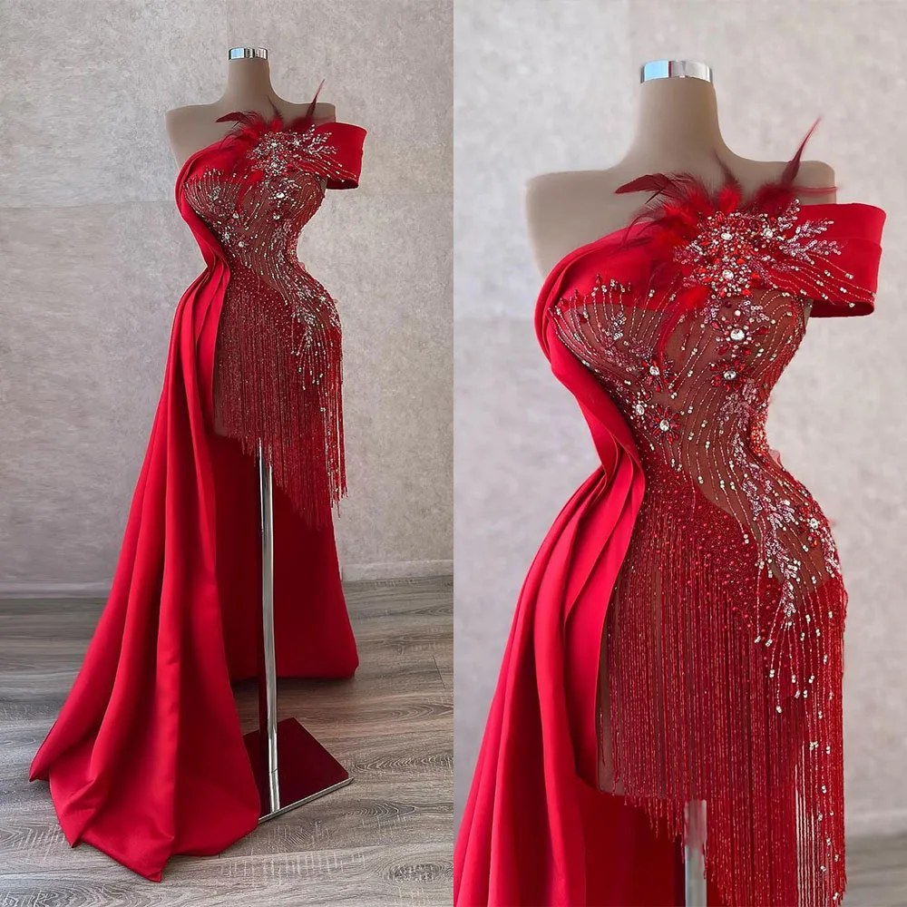 

Elegant Red TASSEL Evening Dress With Feather Shine CRYSTAL One-Shoulder Bridal Gowns Sweep Train Robes De Mariée Hot Sale