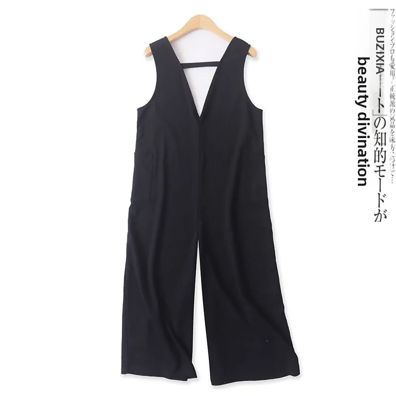 Fashionable Deep V-Neck Jumpsuit Vest Wide Leg Pants High Waist Casual Pants for Women New Summer Style Backless Design