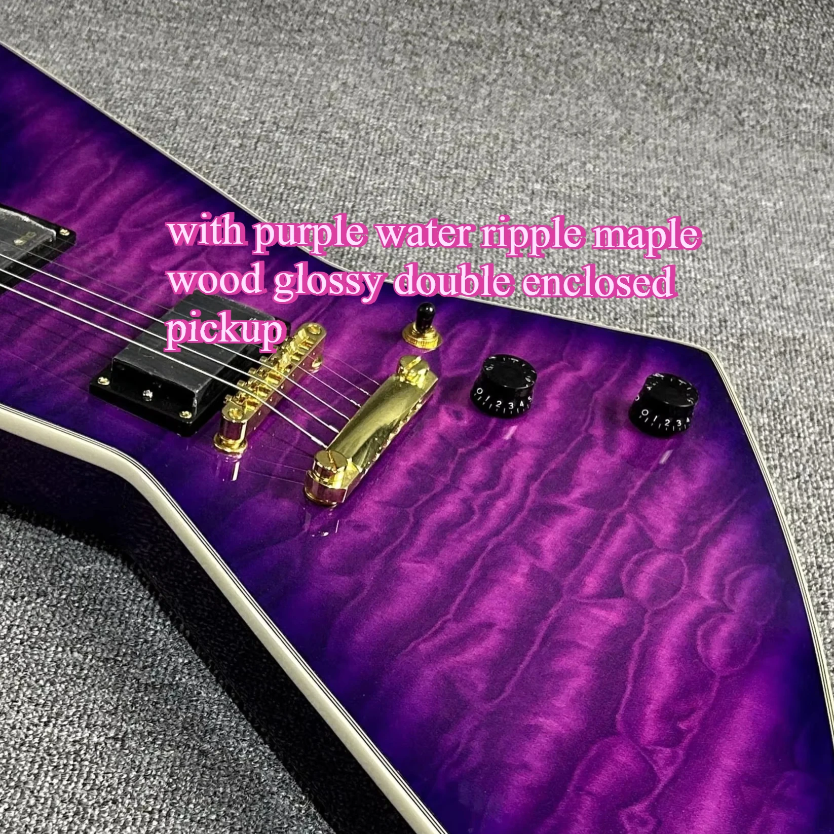 E Solid V-shaped Electric Guitar with Purple Water Ripple Maple Wood Glossy Double Enclosed Pickup Gold Gold Piece Metal Rock