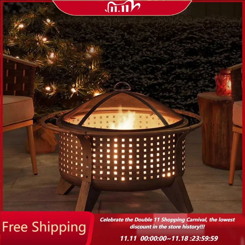 Fire Pit 30 in. Outdoor Wood-Burning Fire Pit, Patio Woven Round Steel Firepit Large Fire Pits for Outside with Spark Screen and