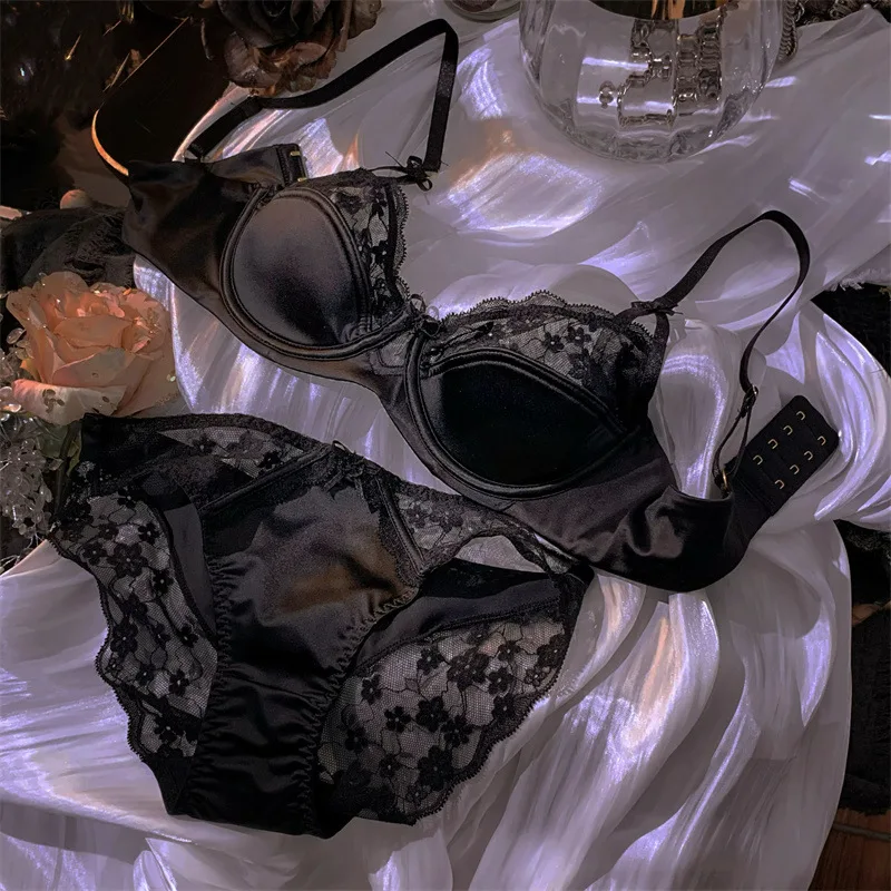KUCLUT Floral Bra Set Thin Section Breathable Small Breasts Gathered Collect Side Breasts Glossy Solid Color Underwear Set