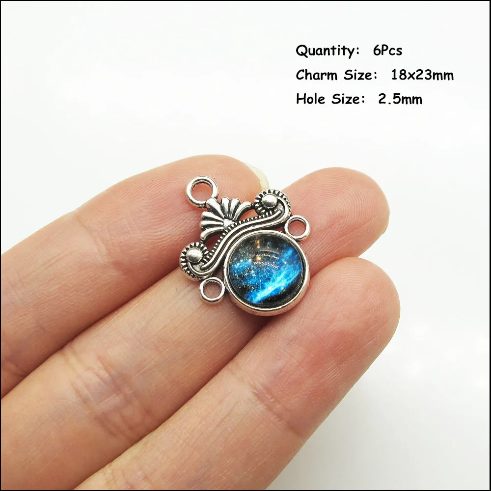 Flower Teardrop Oval Charms Blue Starlit Sky Glaze Tibetan Silver Plated Retro