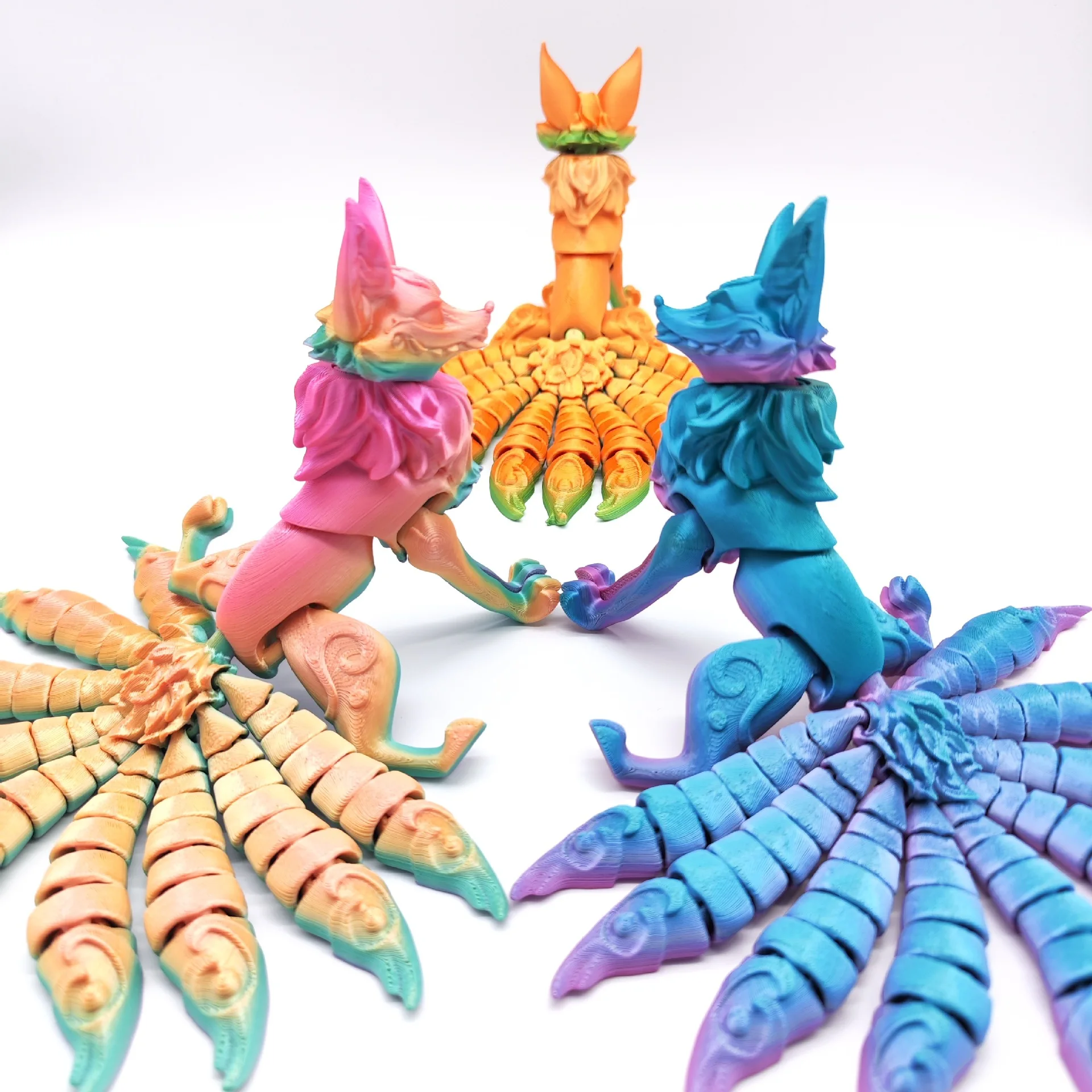 21 CENTIMETRI 3D Stampato Volpe Ornamento Nove Code Volpe Figurine Con Coda Articolate E Arti Figura Animale Flessibile Creativo Agitarsi Giocattolo