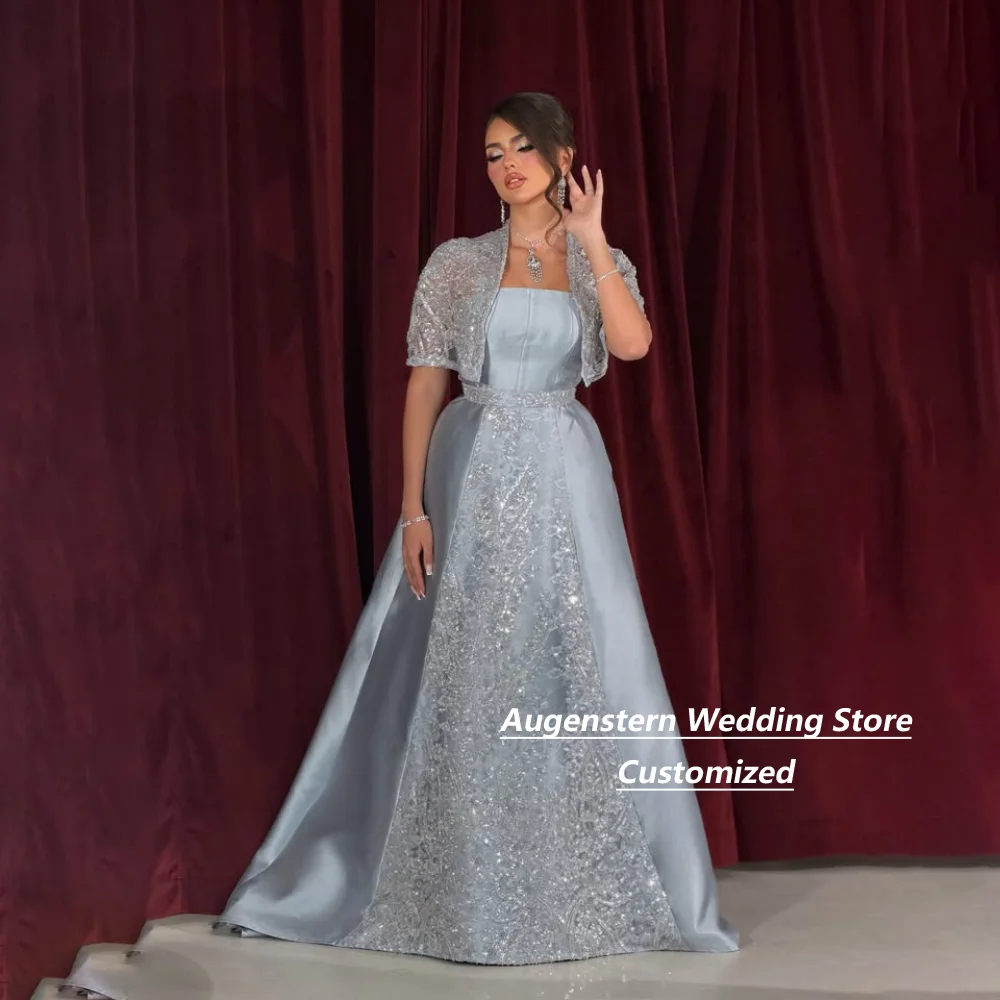 Customized Grey Satin Beaded Crystals Mother Of The Bride Dresses Strapless A-Line Gown With Lace Cap Sleeves Bolero Jacket